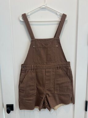 Who What Wear Brown Pinstripe Short Overalls